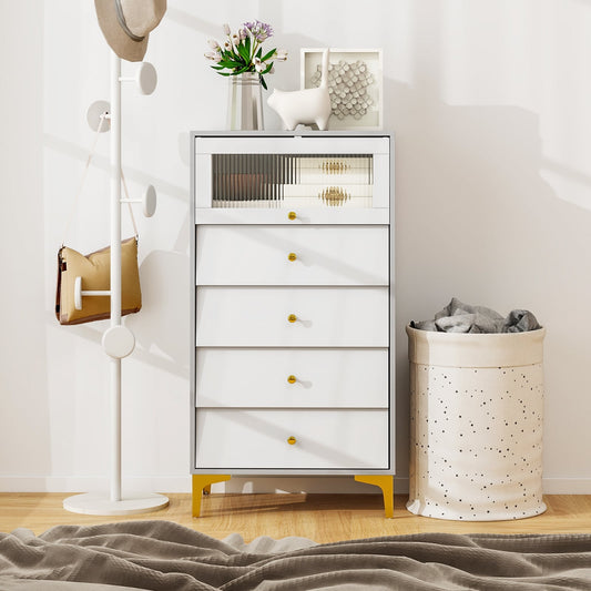 Modern Storage Cabinet, 4 Drawer, Flip Up Fluted Glass Door, Gray and White