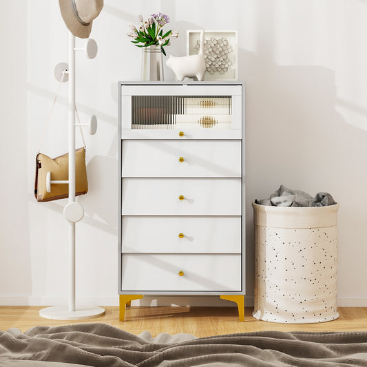 Modern Storage Cabinet, 4 Drawer, Flip Up Fluted Glass Door, Gray and White Cabinets & Chests Gray & White at Gallery Canada