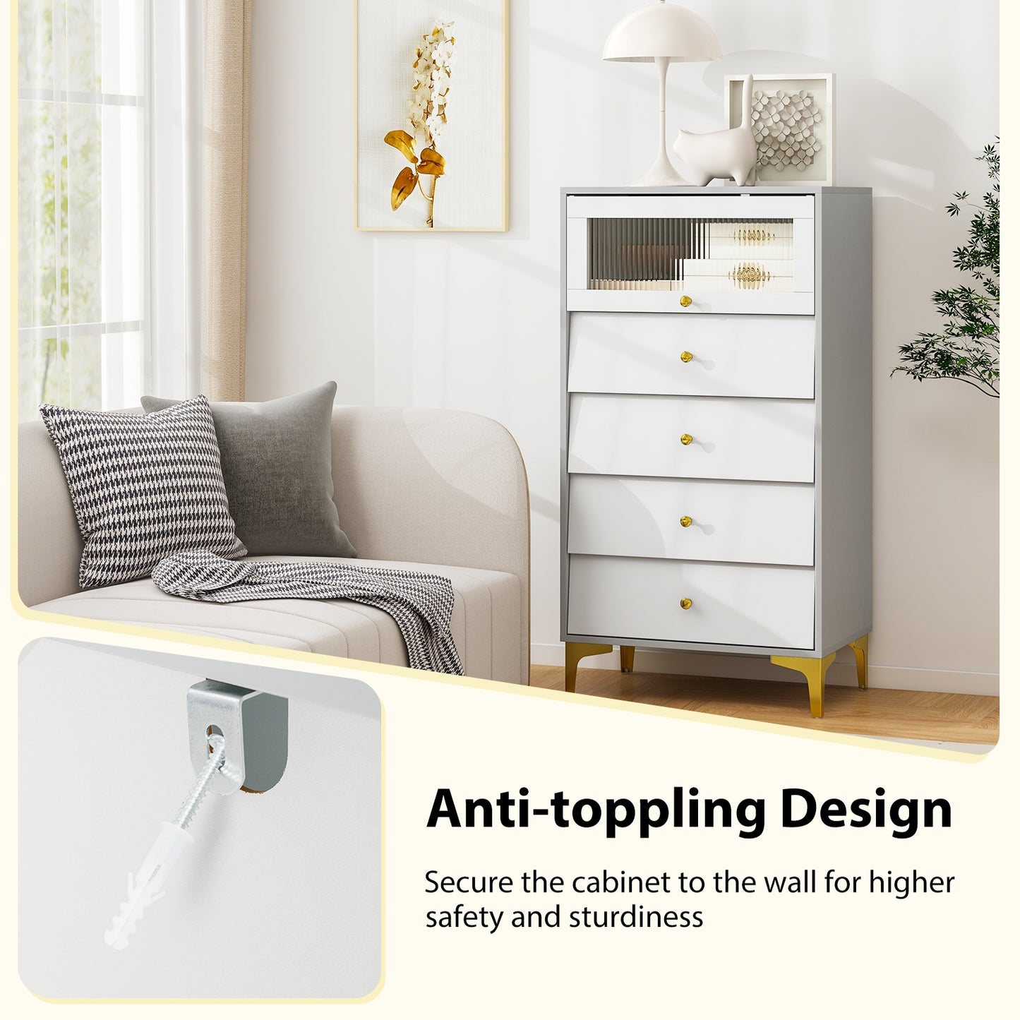 Modern Storage Cabinet, 4 Drawer, Flip Up Fluted Glass Door, Gray and White Cabinets & Chests at Gallery Canada