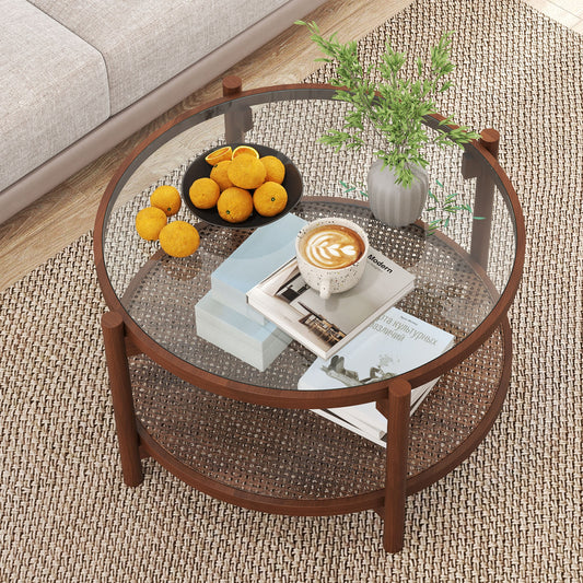 31 Inch 2-Tier Round Coffee Table, Tempered Glass Top, Cherry Coffee Tables Cherry at Gallery Canada