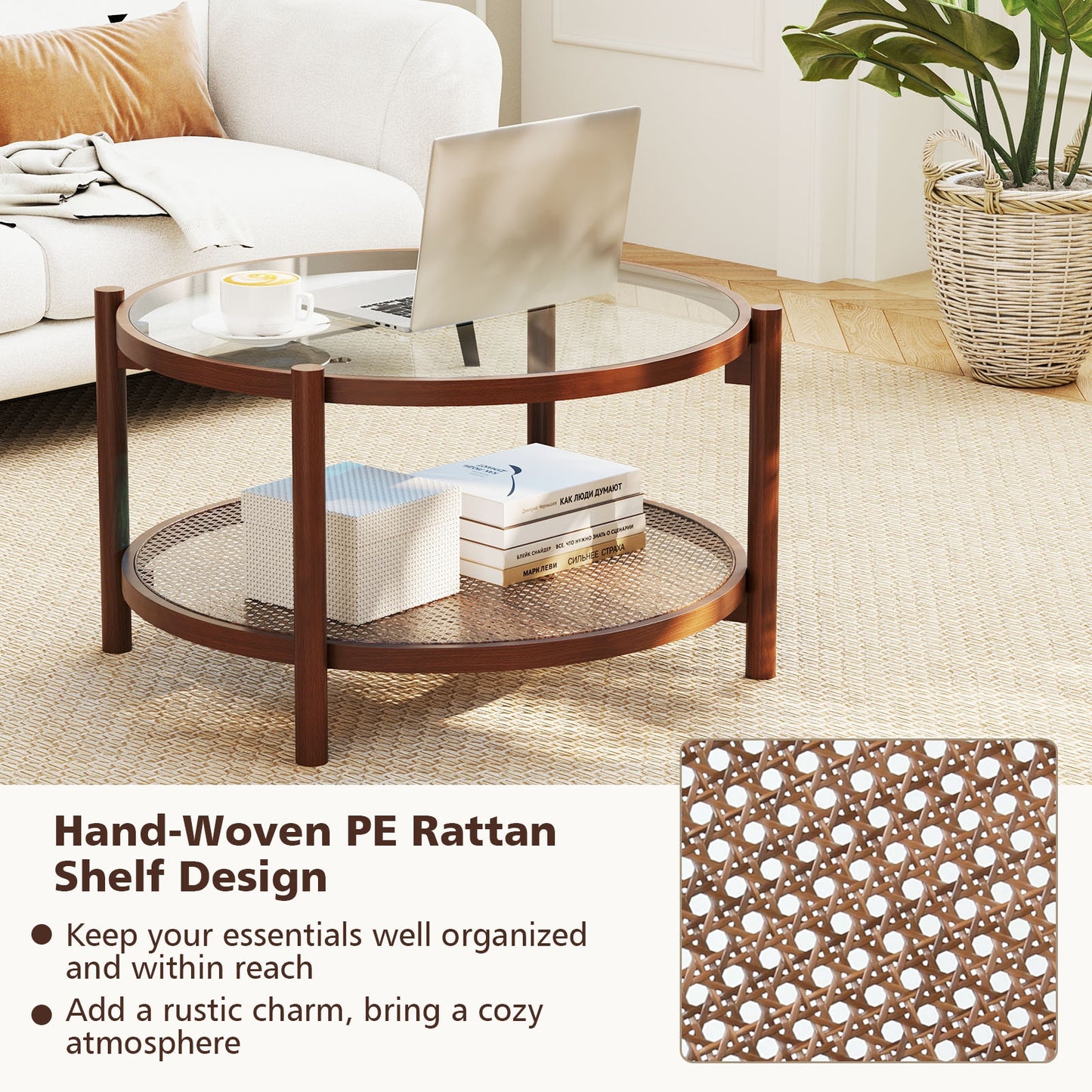 31 Inch 2-Tier Round Coffee Table, Tempered Glass Top, Cherry