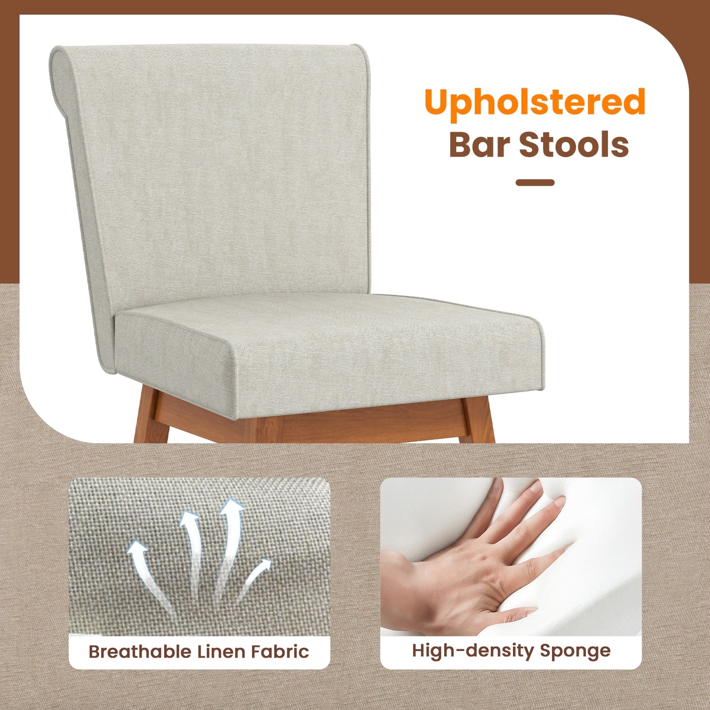 27 Inch Counter Height Bar Chairs with Rubber Wood Legs Set of 2, Beige Patio Bar Furniture at Gallery Canada