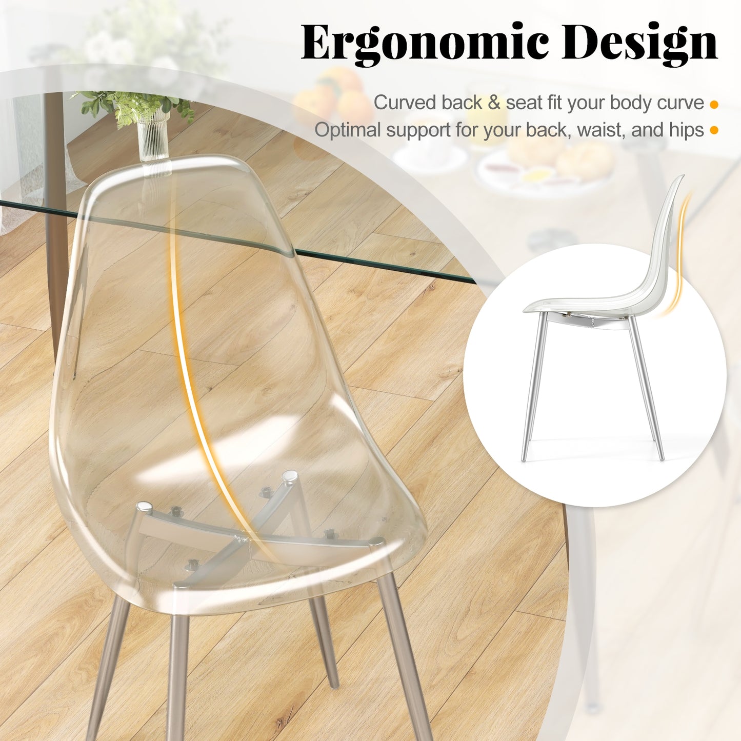 Ensemble de 4 chaises de salle à manger, chaise latérale à coque en plastique, siège transparent, pieds en bois, argenté