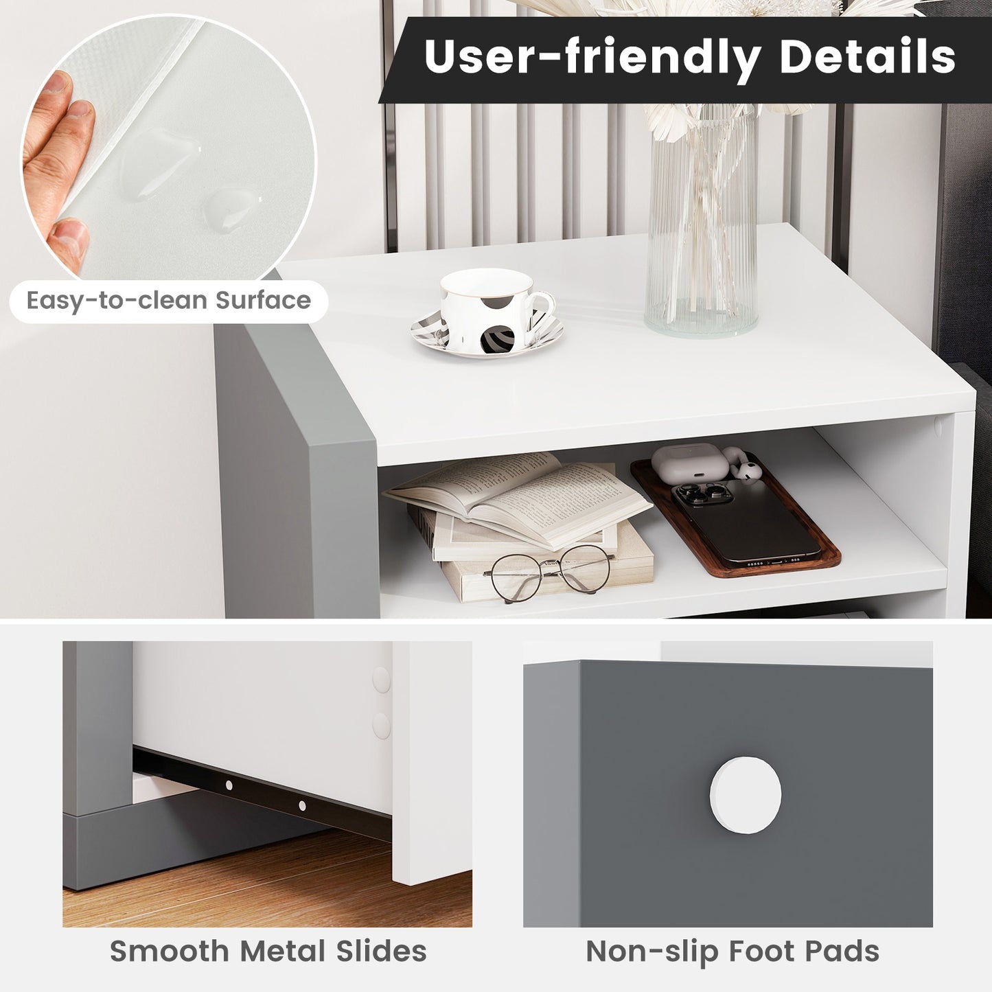 Modern Minimalist Nightstand with Drawer for Bedroom, White Nightstands at Gallery Canada