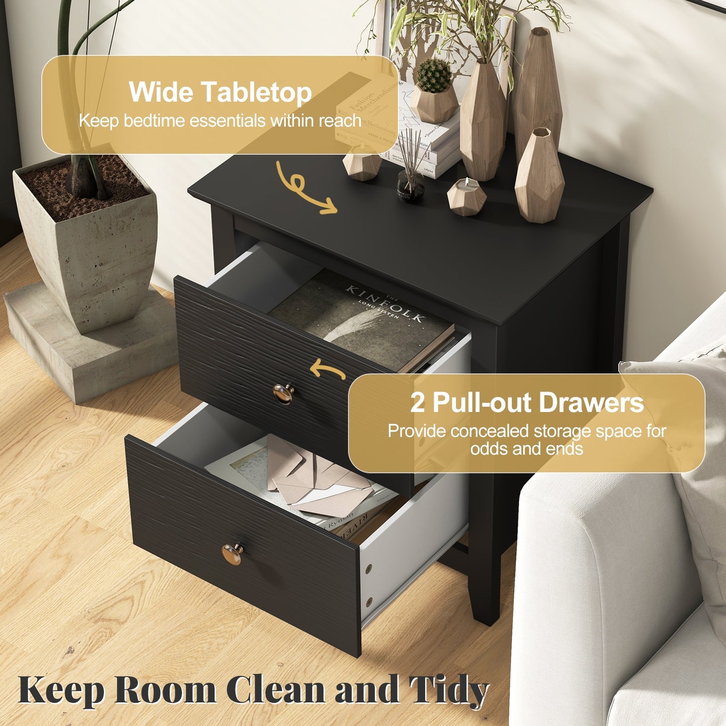 Modern Nightstand, 2 Drawers, Small Spaces, Black Nightstands at Gallery Canada