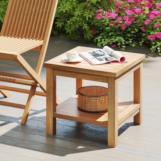Teak Wood Square Side Table, Open Shelf, Natural Patio Coffee Tables Natural at Gallery Canada