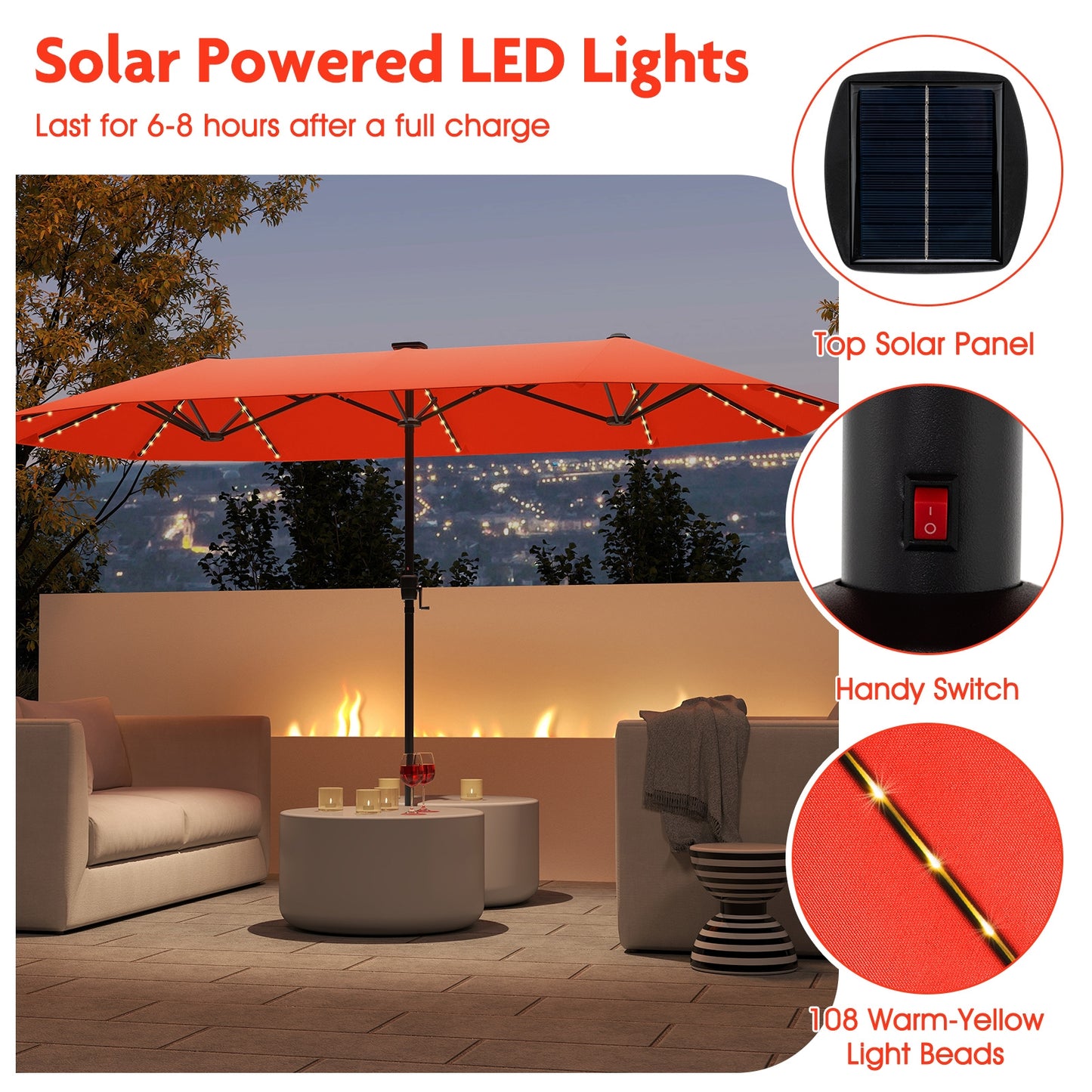 13 FT Patio Umbrella, LED Solar Lights, Crank Handle, Orange Outdoor Umbrellas at Gallery Canada