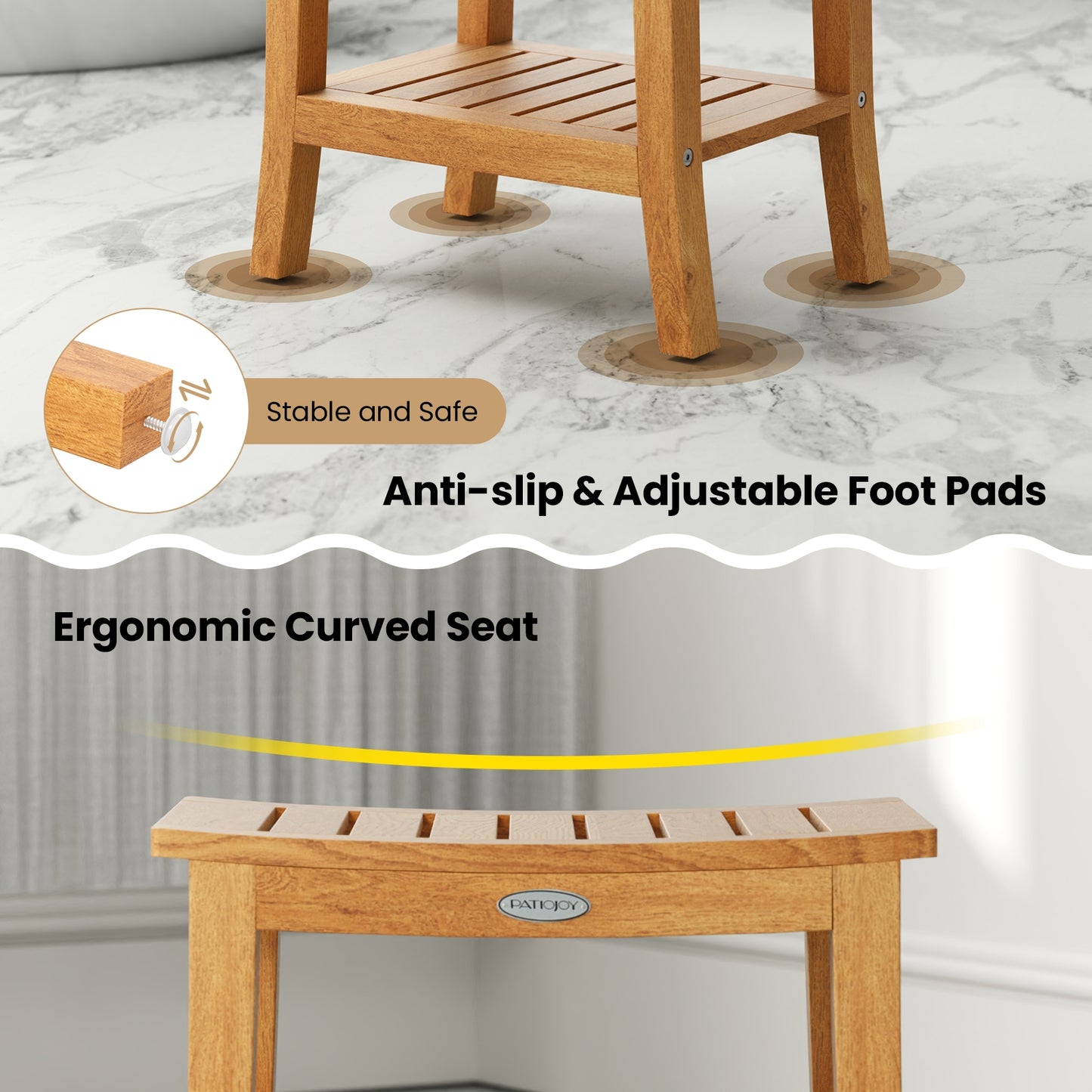 Banc de douche antidérapant 20 pouces, Étagère de rangement, Dessus incurvé, Naturel