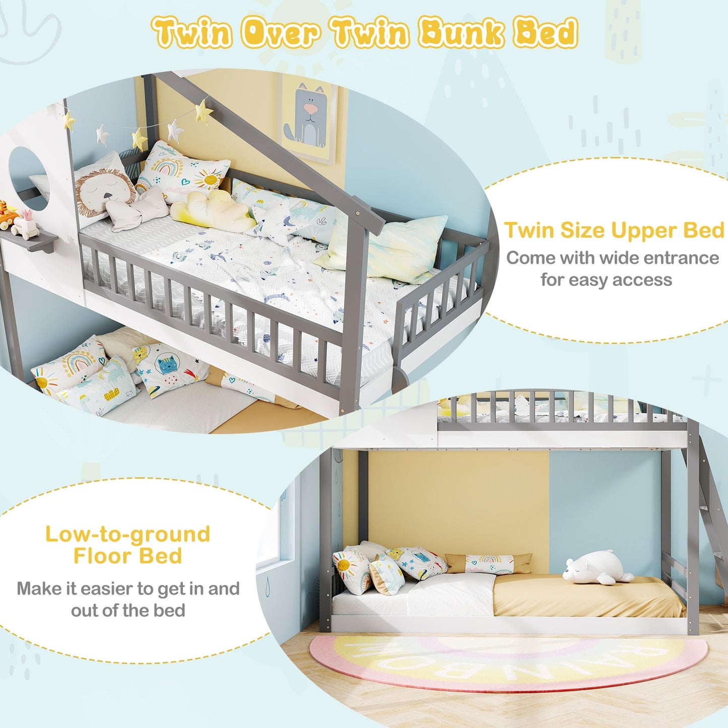 Twin Over Twin House Bunk Bed With Roof, Guardrails, White Gray