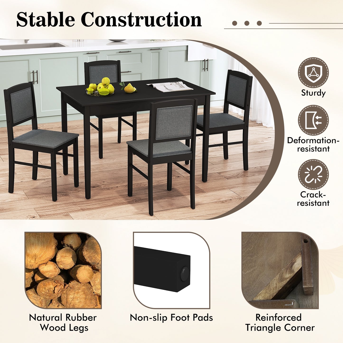 5-Piece Dining Set for 4 with Rubber Wood Legs for Small Dining Room, Gray Dining Room Sets at Gallery Canada