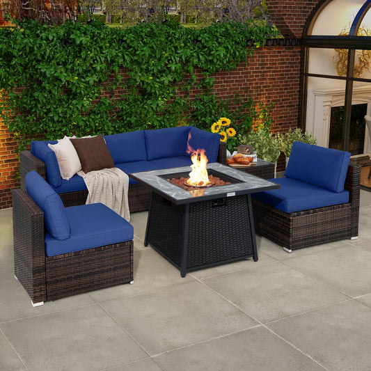 7-Piece Patio Set, 35 Inches 50000 BTU Propane Fire Pit Table, Navy Patio Dining Sets Navy at Gallery Canada
