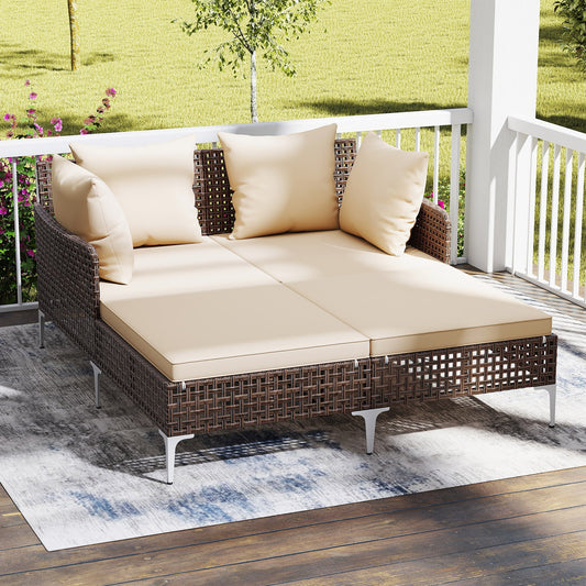 Outdoor Rattan Double Daybed Wicker Chaise Lounge, Brown Outdoor Chaise Lounges Brown at Gallery Canada