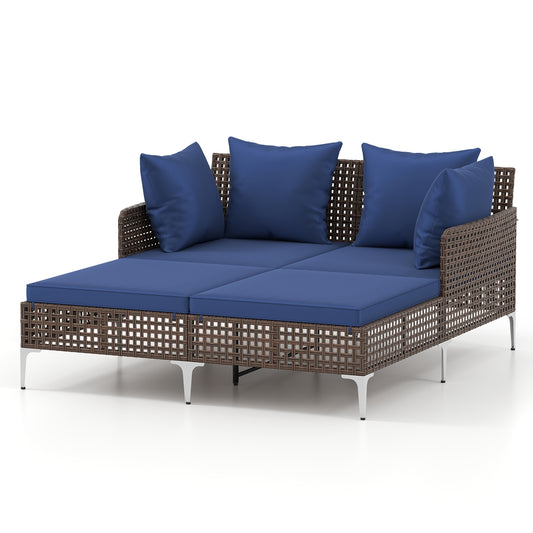 Outdoor Rattan Double Daybed Wicker Chaise Lounge, Navy