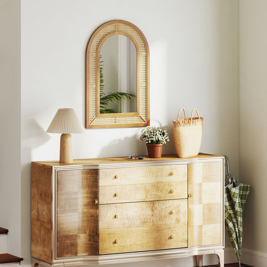 35.5 Inches x 23.5 Inches Rattan Wall Mounted Decorative Mirror with Wooden Frame, Natural Wall Mirrors Natural at Gallery Canada