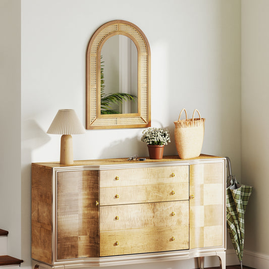 35.5 Inches x 23.5 Inches Rattan Mirror, Wooden Frame, Natural