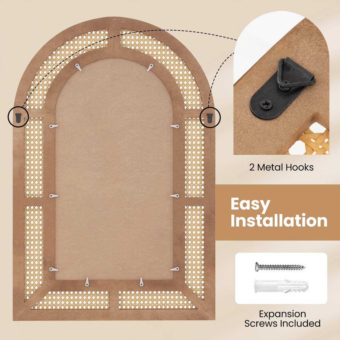 35.5 Inches x 23.5 Inches Rattan Mirror, Wooden Frame, Natural