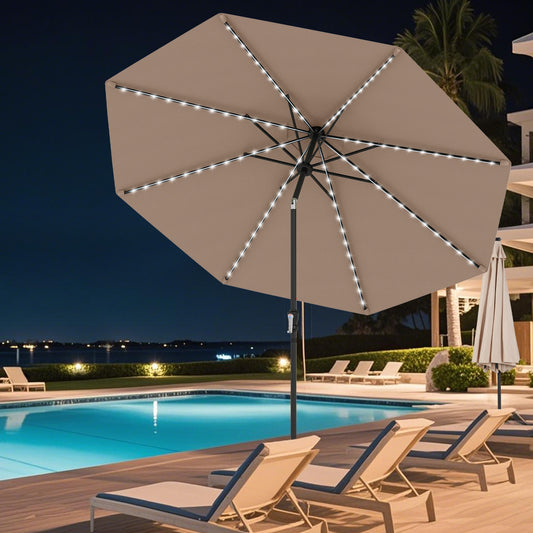 10 Feet Solar Patio Umbrella, 96 LED Lights, Tilt Adjustment, Coffee Outdoor Umbrellas Coffee at Gallery Canada