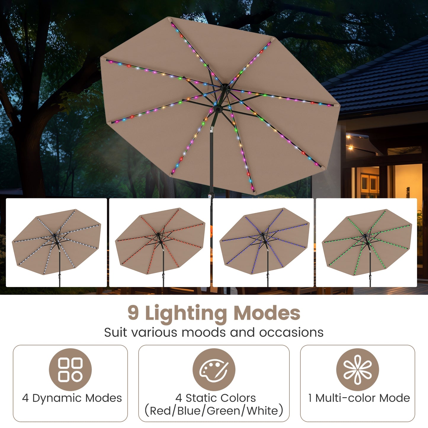 10 Feet Solar Patio Umbrella with 96 Multi-Colored Flowing LED Lights and Tilt Adjustment, Coffee Outdoor Umbrellas at Gallery Canada