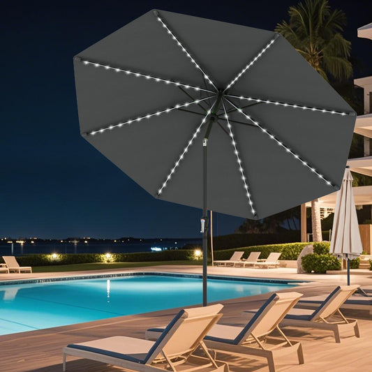 10 Feet Solar Patio Umbrella, 96 Multi-Colored LED Lights, Tilt Adjustment, Gray Outdoor Umbrellas Gray at Gallery Canada