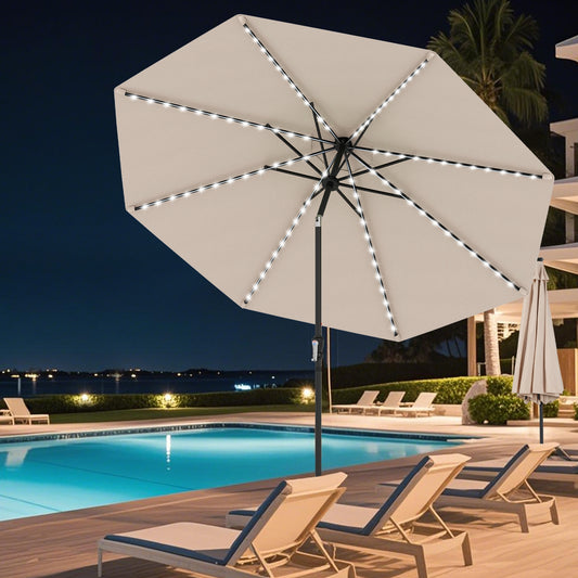 10 Feet Solar Patio Umbrella, 96 LED Lights, Tilt Adjustment, Beige Outdoor Umbrellas Beige at Gallery Canada