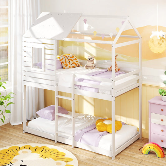 Twin over Twin House Bunk Bed with Roof and Full-length Guardrails, White Bunk Bed Frame White at Gallery Canada