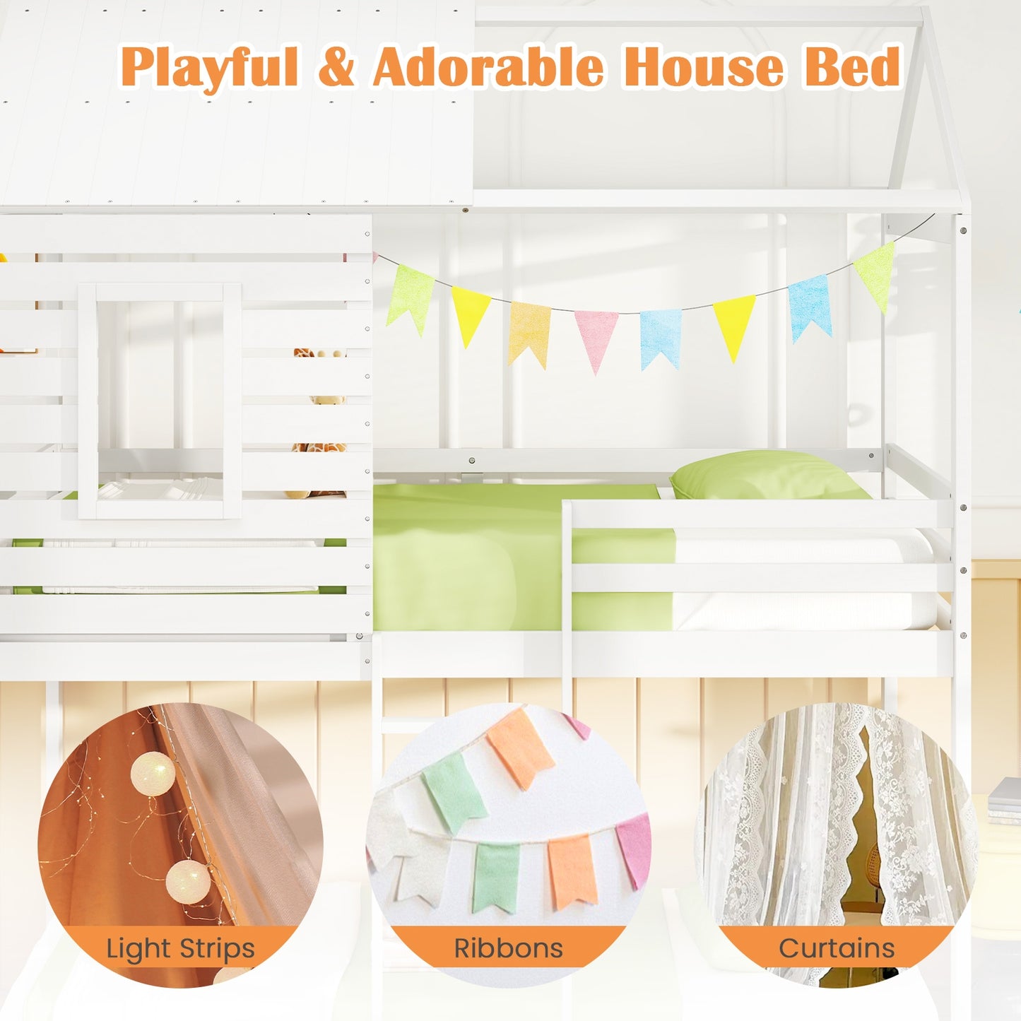 Twin Over Twin Bunk Bed With Roof, Guardrails, White Bunk Bed Frame at Gallery Canada