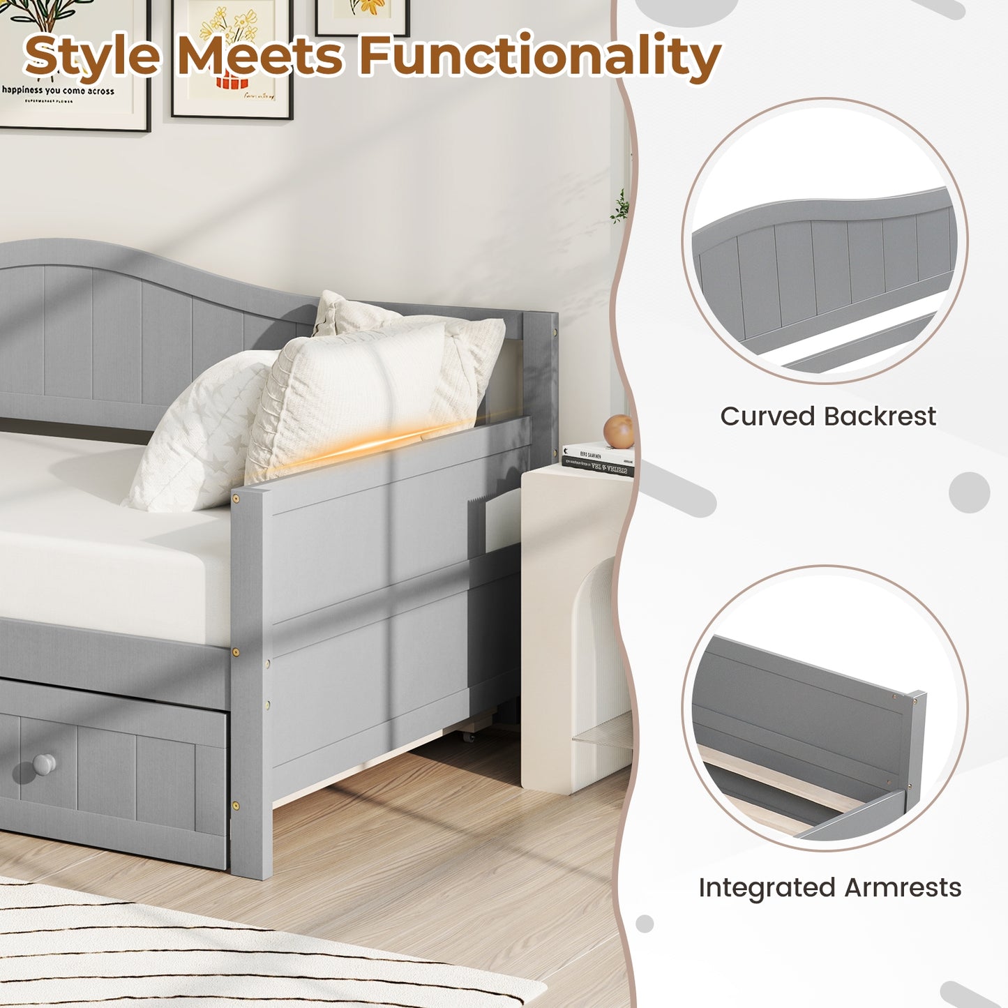 Twin Size Daybed with Trundle and Slats Support on Wheels, Gray Trundle Bed Frame at Gallery Canada