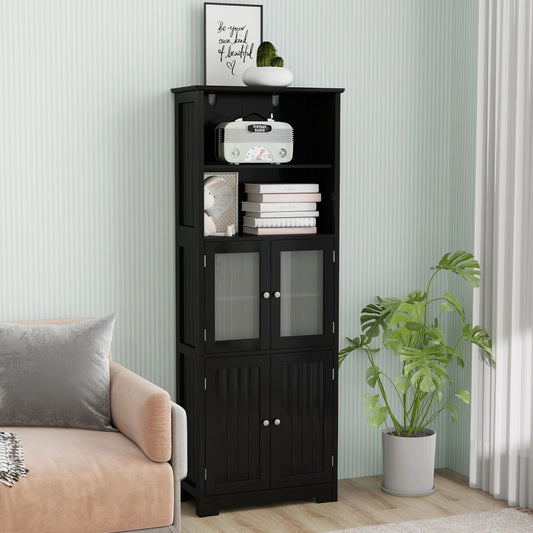 6-Tier Freestanding Bathroom Cabinet with 2 Open Compartments and Adjustable Shelves, Black Floor Cabinets Black at Gallery Canada