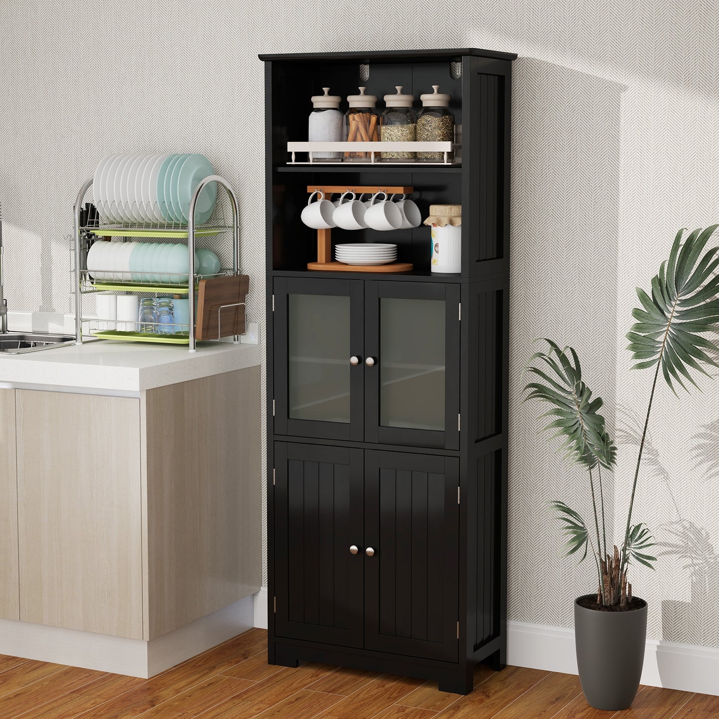 6-Tier Freestanding Bathroom Cabinet with 2 Open Compartments and Adjustable Shelves, Black Floor Cabinets at Gallery Canada