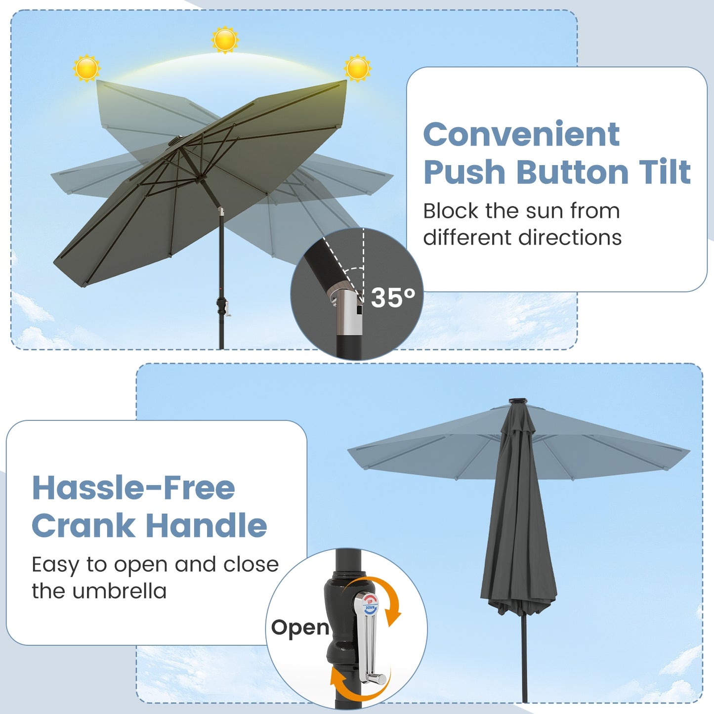 10 Feet Solar Patio Umbrella, 96 Multi-Colored LED Lights, Tilt Adjustment, Gray Outdoor Umbrellas at Gallery Canada