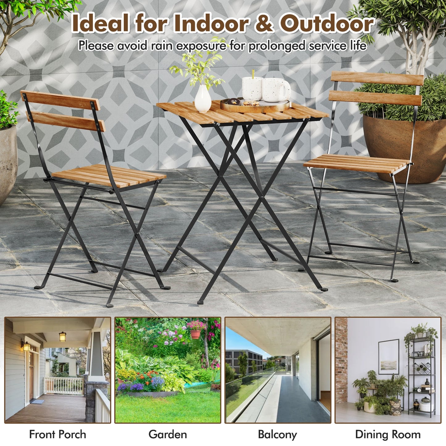 3 Piece Patio Acacia Wood Bistro Set with Slatted Seat and Tabletop, Brown Patio Dining Sets at Gallery Canada