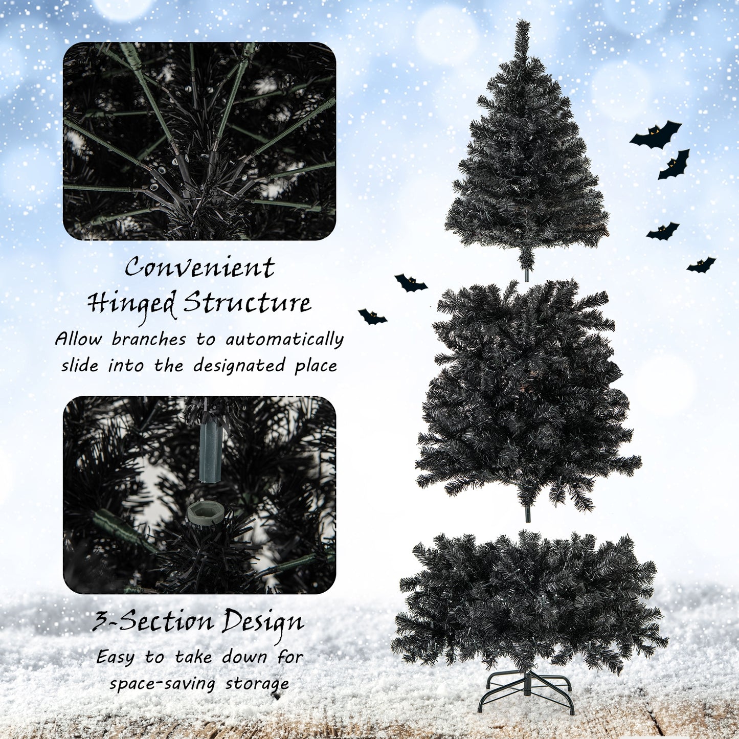 Arbre de Noël artificiel 6/7 pieds, sommet pliable, lumière chaude, 7 pieds, noir