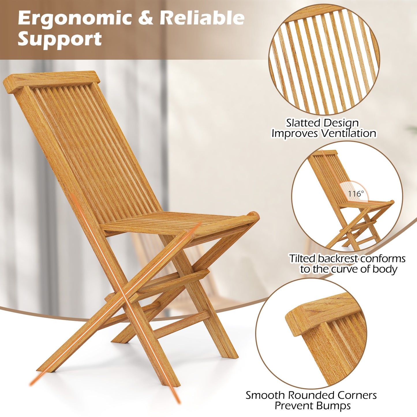 Teak Wood Outdoor Chairs Set Of 2, Slatted Seat And Backrest, Natural Patio Dining Chairs at Gallery Canada