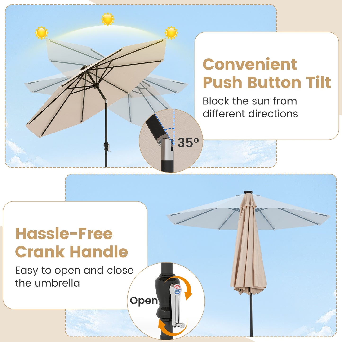 10 Feet Solar Patio Umbrella, 96 LED Lights, Tilt Adjustment, Beige Outdoor Umbrellas at Gallery Canada