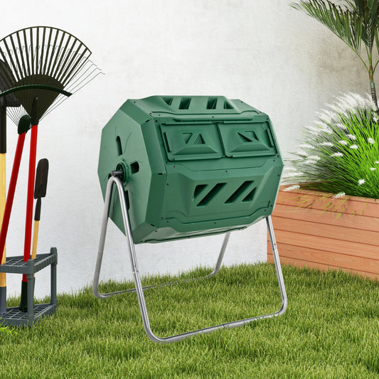 43 Gallon Rotating Compost Bin Barrel with Dual Chamber and Sliding Doors, Green Garden Tools Green at Gallery Canada