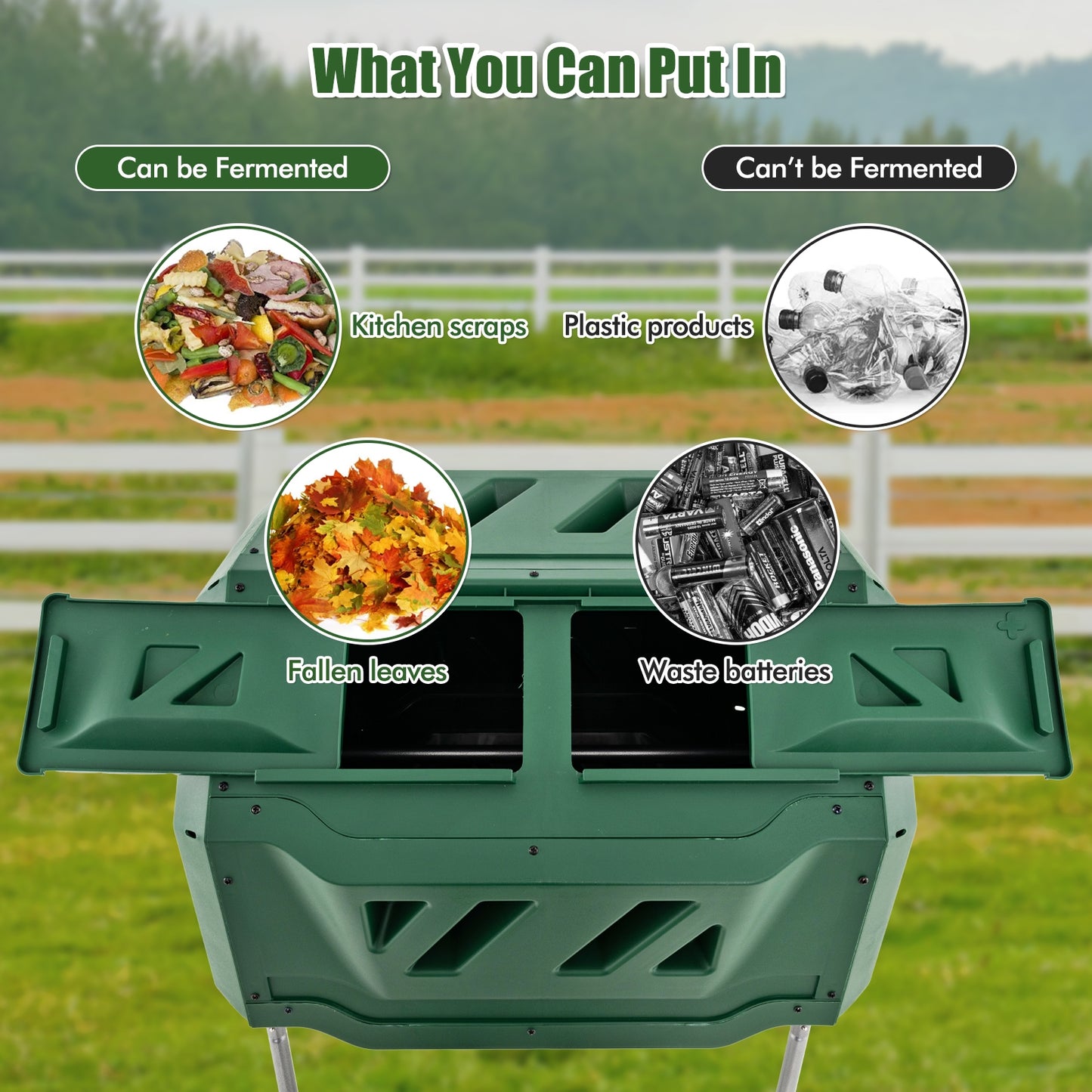 43 Gallon Rotating Compost Bin, Dual Chamber, Sliding Doors, Green Garden Tools at Gallery Canada