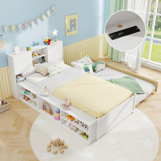 Twin Size Bed Frame with Trundle and Power Outlets, White Trundle Bed Frame White at Gallery Canada