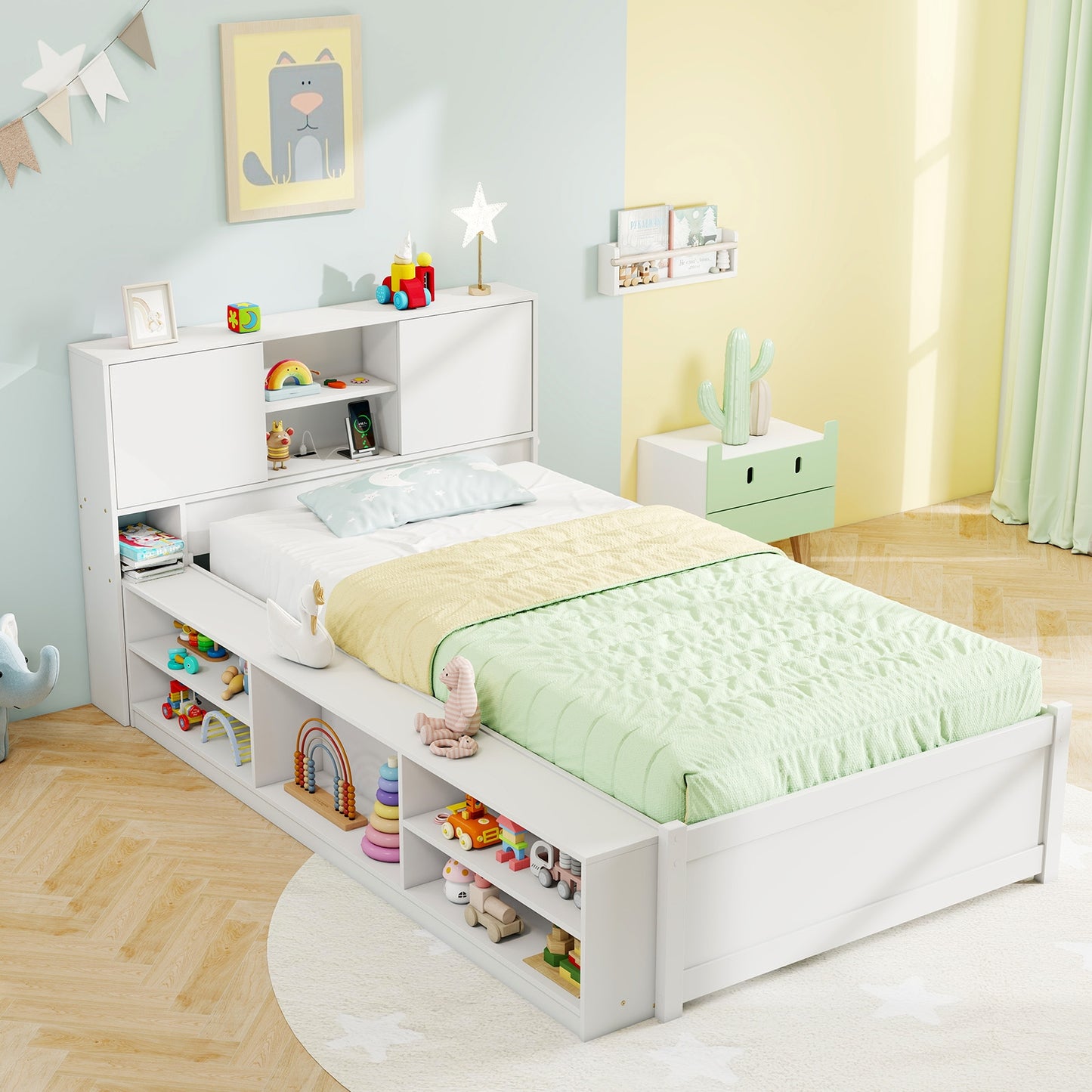 Twin Size Bed Frame with Trundle and Power Outlets, White Trundle Bed Frame at Gallery Canada