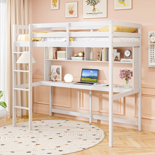 Twin Size Loft Bed With Desk, Shelves, White Simple Bed Frame White at Gallery Canada