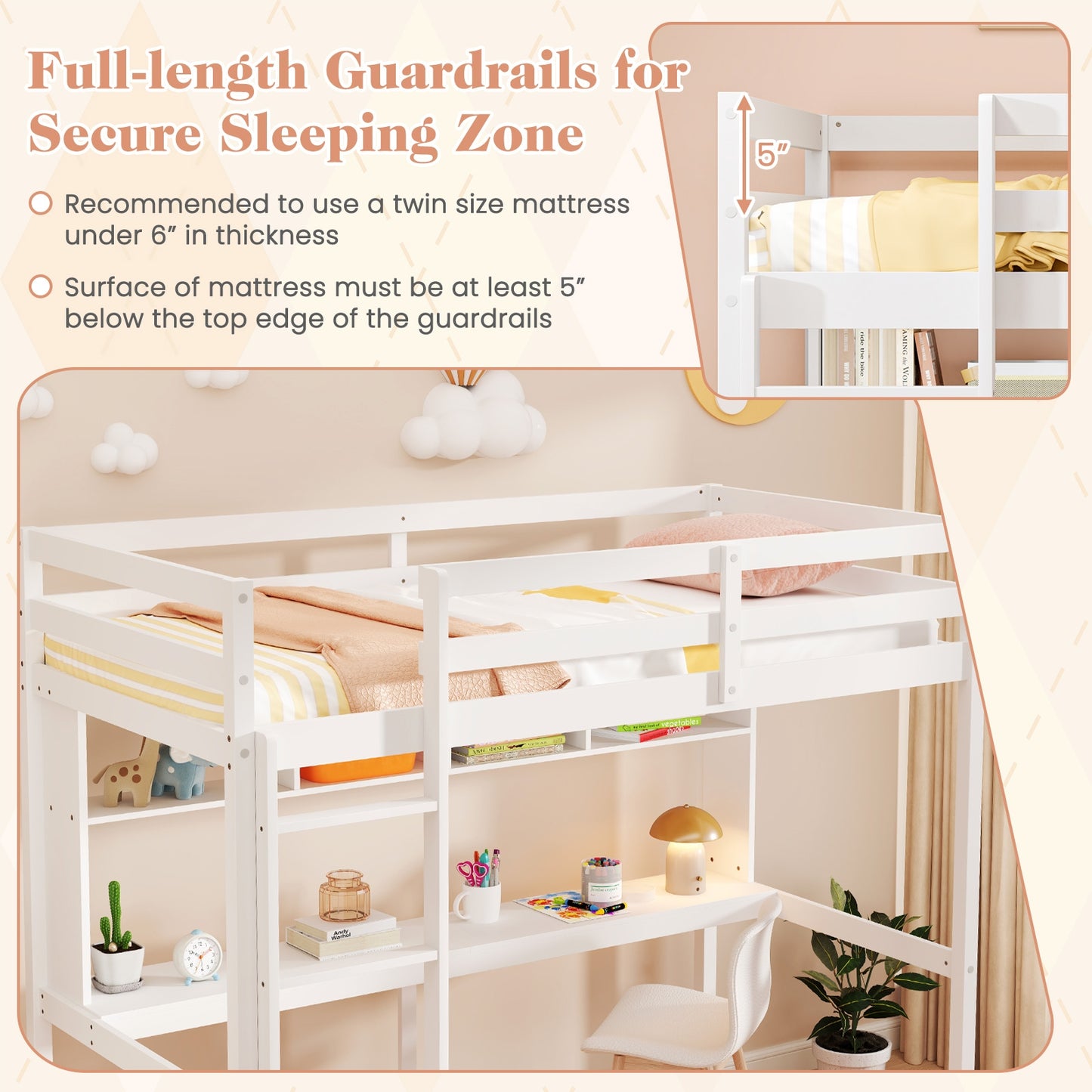 Twin Size Loft Bed With Desk, Shelves, White Simple Bed Frame at Gallery Canada