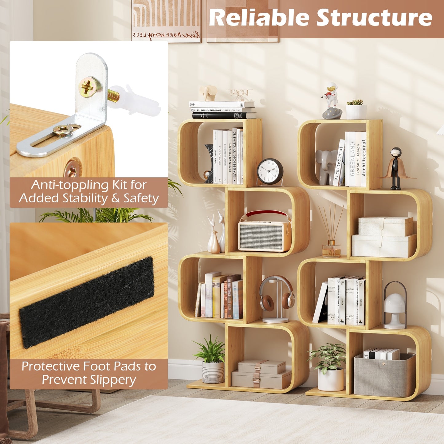 4-Tier S-Shaped Bamboo Bookcase, 4 Open Cubes, Natural