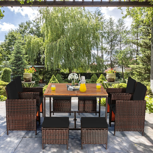 9 Piece Patio Rattan Dining Cushioned Chairs Set, Black Patio Dining Sets Black at Gallery Canada