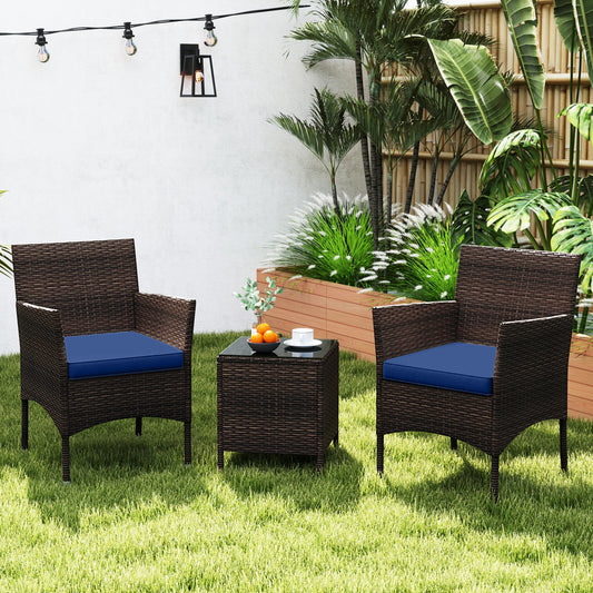 3 Pieces Outdoor Conversation Set with Cushioned Seat and Glass Tabletop, Navy Patio Conversation Sets Navy at Gallery Canada