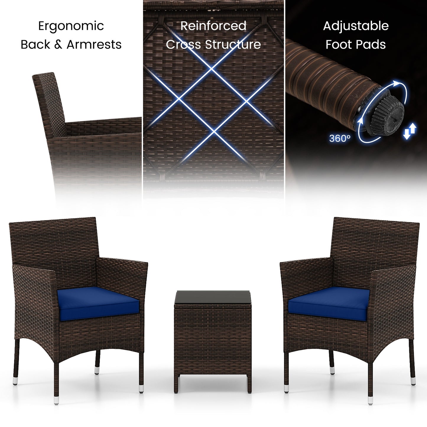 3 Piece Outdoor Conversation Set, Cushioned Seat, Glass Tabletop, Navy Patio Conversation Sets at Gallery Canada