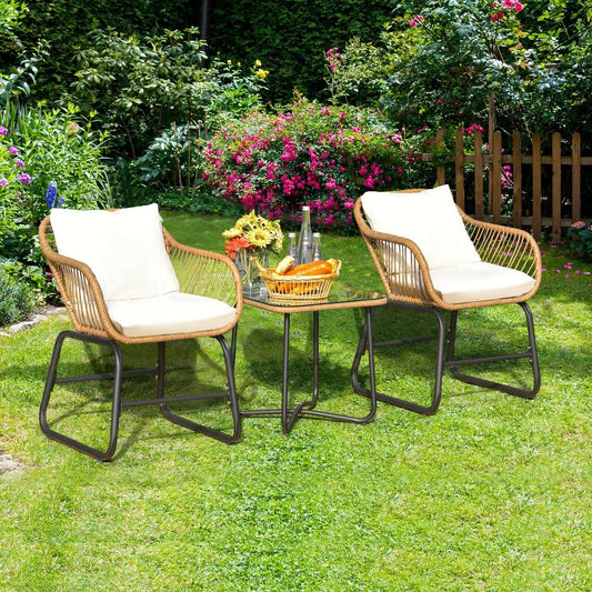 3-Piece Patio Bistro Set, 2 Rattan Chairs, Square Glass Coffee Table, White Patio Conversation Sets White at Gallery Canada