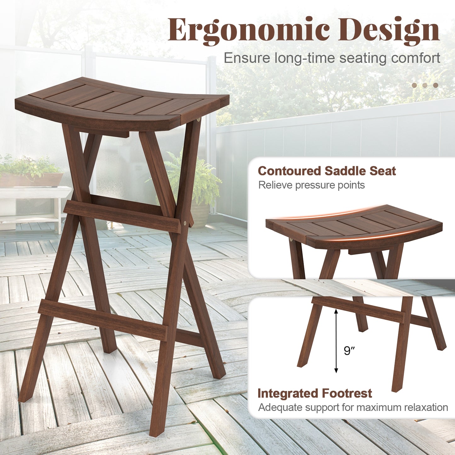 Bar Stools Set of 2 with Saddle Seat and Footrest for Kitchen Island and Balcony, Teak Bar Stools at Gallery Canada