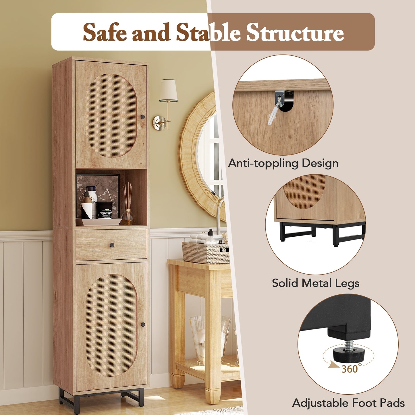 67 Inch Tall Bathroom Cabinet, PE Rattan, 2 Doors, Natural Floor Cabinets at Gallery Canada
