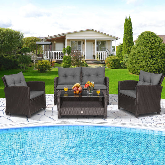 4 Pieces Patio Rattan Conversation Furniture Set with Glass Top Coffee Table, Gray Patio Conversation Sets Gray at Gallery Canada