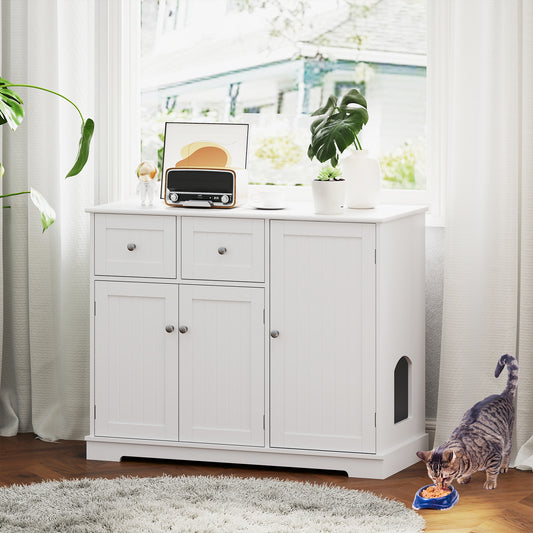 Cat Litter Box Enclosure, 2 Drawers, 3 Doors, White Cat Houses White at Gallery Canada