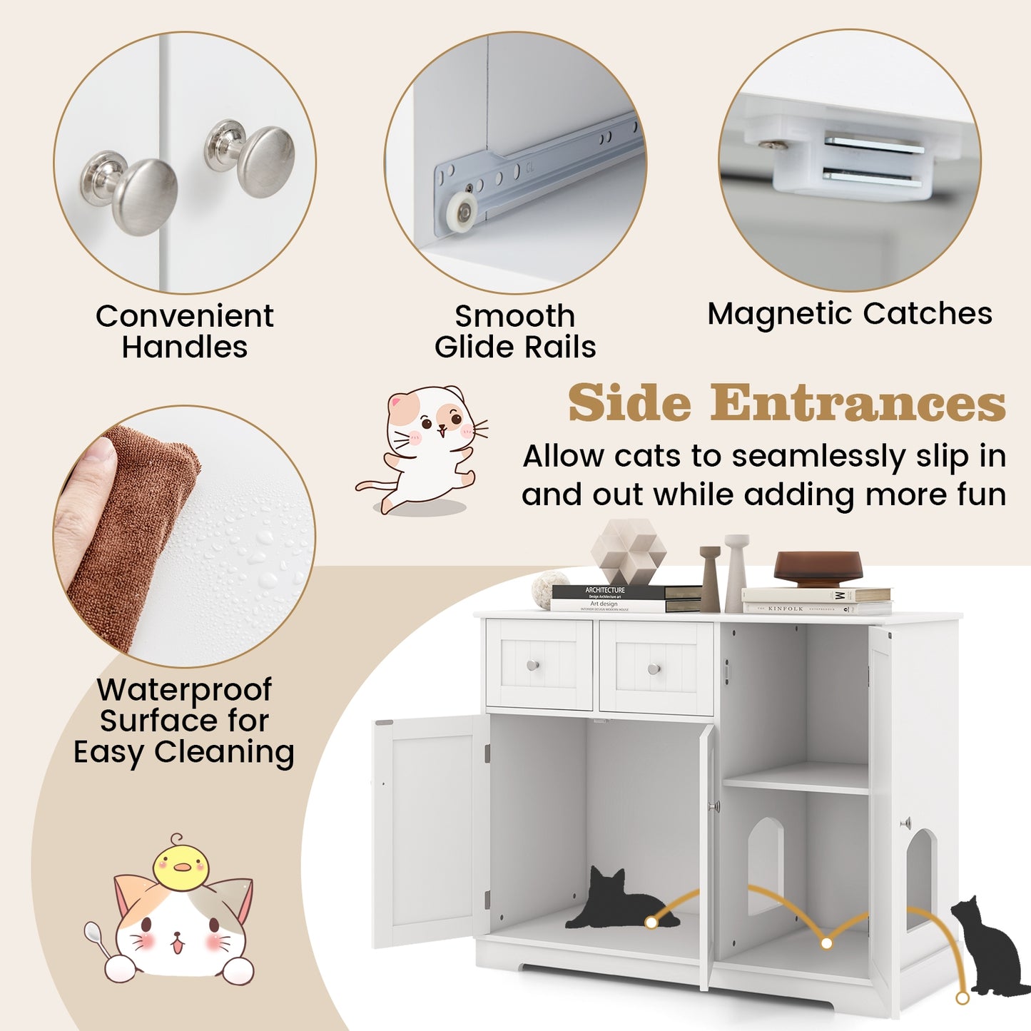 Cat Litter Box Enclosure, 2 Drawers, 3 Doors, White Cat Houses at Gallery Canada